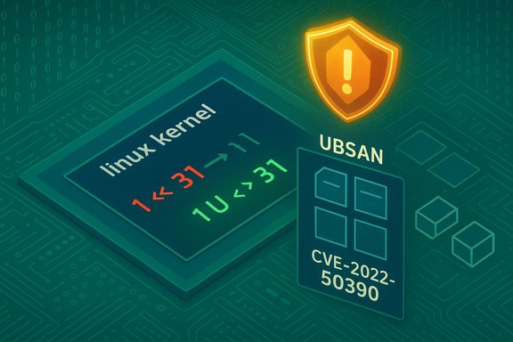 Illustration of a Linux kernel vulnerability with UBSAN CVE-2022-50390 and warning shield.