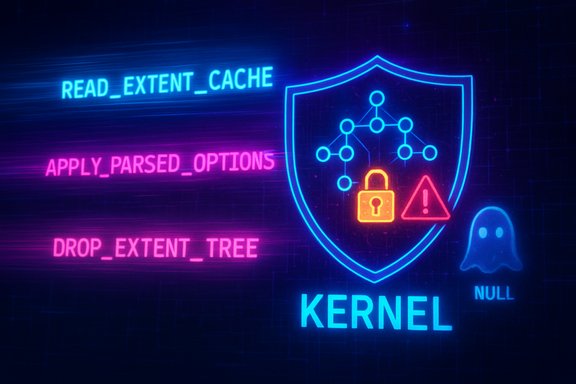 Neon kernel security shield with a network diagram, padlock, and warning icon.