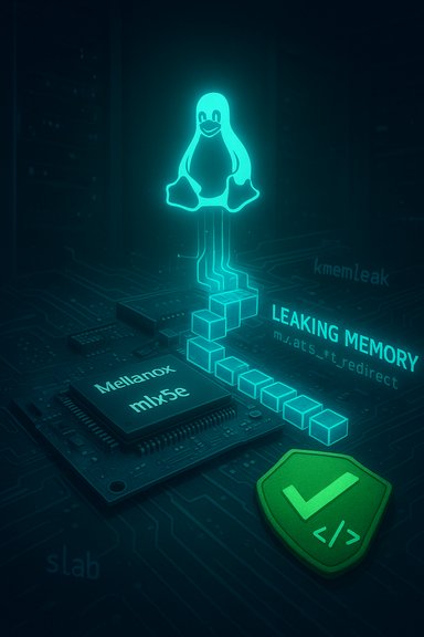 A neon Linux penguin rises from a circuit board beside the words LEAKING MEMORY.
