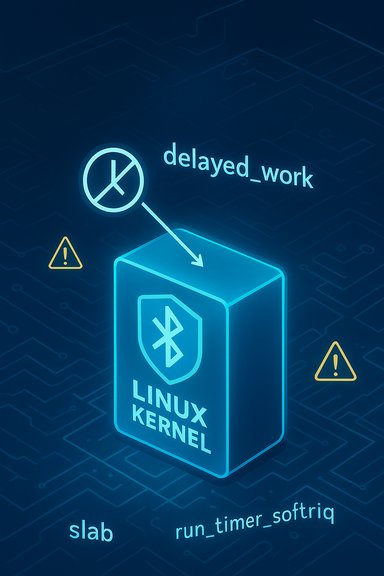 Neon blueprint of the Linux kernel with a Bluetooth symbol and delayed_work timer.