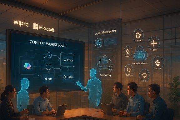 Team reviews holographic Copilot Workflows and data dashboards in a glass-walled briefing room.
