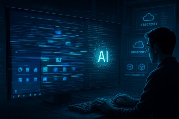 A programmer at a desk monitors AI data on a large blue-lit monitor.