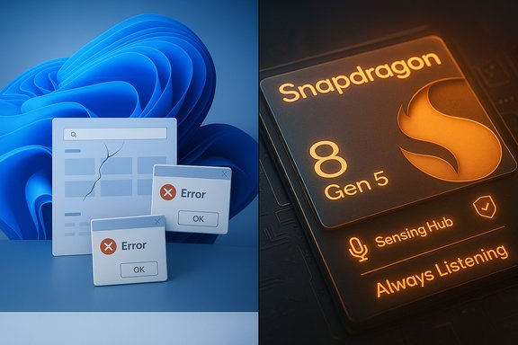A split image: left shows computer error dialogs, right features a Snapdragon 8 Gen 5 processor.