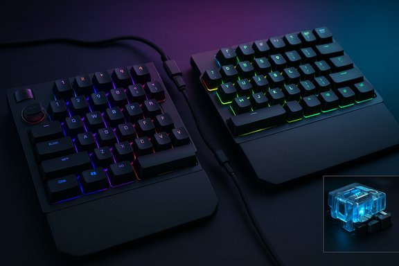 Two RGB mechanical keyboards connected by a cable on a dark desk; inset shows a blue transparent switch.
