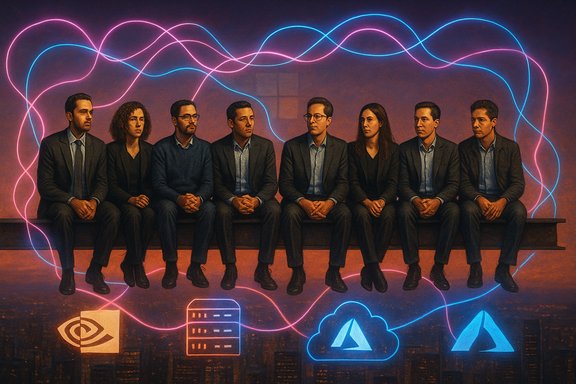 Group of professionals in suits sit on a bench beneath neon waves and tech icons.