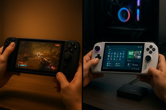 Two handheld consoles side by side, left playing a sci-fi shooter, right showing Windows with Steam library.
