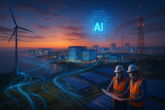 Two engineers study plans at dusk near a futuristic AI-powered wind-solar energy campus.