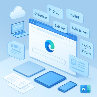 Isometric blue browser UI featuring Edge logo and floating labels like Copilot, Collections, and Split Screen.