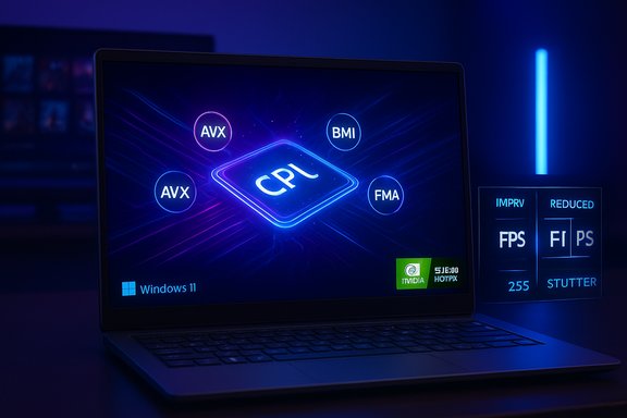 Windows 11 laptop glows with a neon CPU diagram featuring AVX, BMI and FMA in a blue-lit setup.