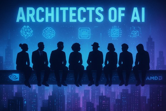 Silhouetted people sit on a beam beneath Architects of AI, against a neon city backdrop.