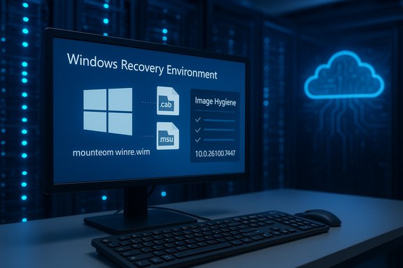 Blue-toned server workstation showing Windows Recovery Environment with file icons.