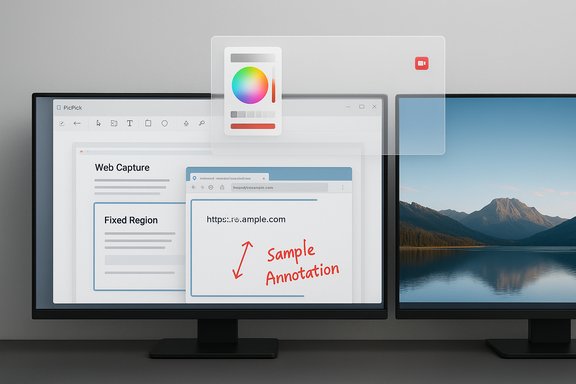 Two monitors display a design app with a color picker, web capture UI, and annotation overlays.