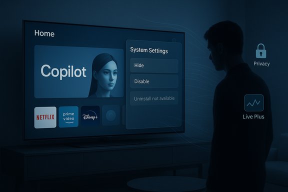 Man stands before a large TV home screen showing Copilot and streaming apps in a blue-lit living room.