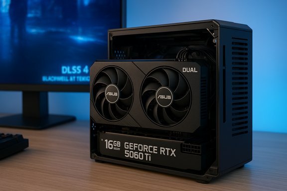Compact PC with an ASUS Dual RTX 5060 Ti graphics card.