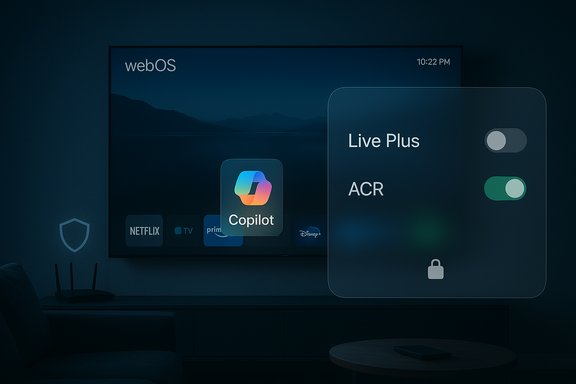 A living room with a webOS TV and a Copilot app overlay.