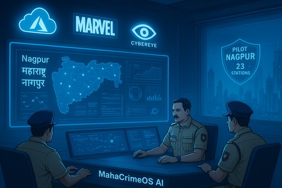 Blue-lit police command room analyzing Nagpur crime data with MahaCrimeOS AI.