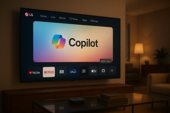 LG smart TV in a cozy living room shows Copilot on the home screen with app icons.