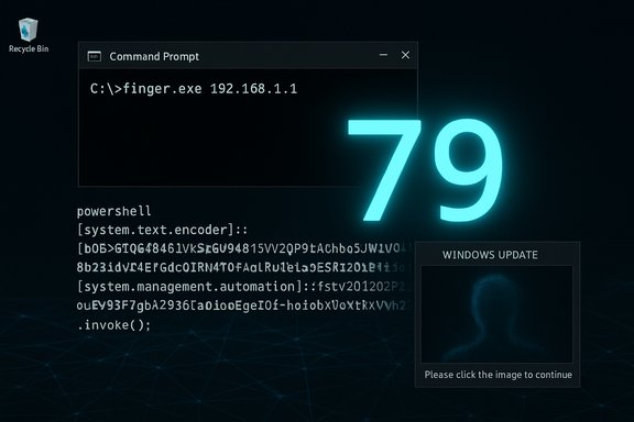 Dark Windows desktop with a command prompt, neon '79', and a Windows Update panel.