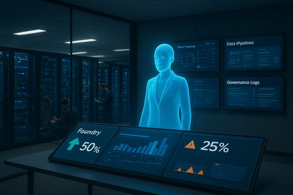 A blue holographic woman in a suit stands beside a multi-panel data dashboard in a server room.