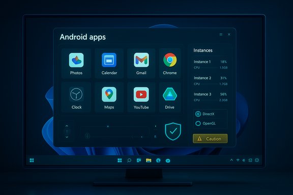 A dark blue monitor screen showing an Android apps grid with instance stats.