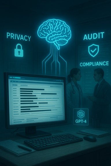 Futuristic workstation with a glowing brain circuit and privacy, audit, compliance signs.