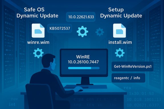 Technician at a server rack updating Safe OS and WinRE with install.wim and winre.wim.