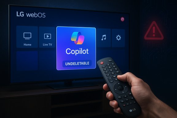 A hand holds an LG remote toward a TV displaying the Copilot app on LG webOS.