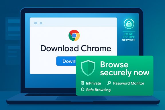 Laptop screen shows a Chrome download prompt with a green “Browse securely now” banner.