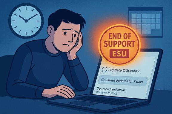 An anxious man sits at a laptop as Windows reaches end of support.