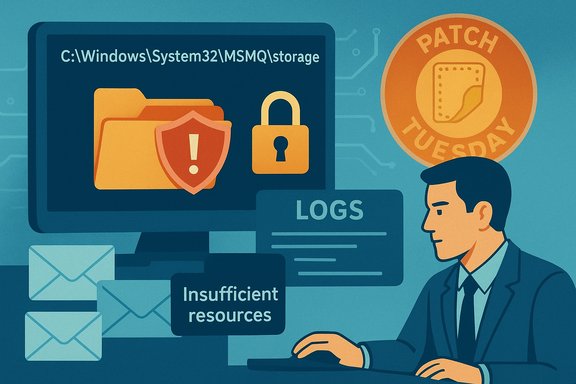 A security analyst monitors Windows storage alerts, logs, and a Patch Tuesday badge.