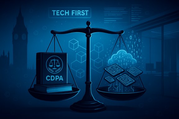 The scales balance a CDPA legal book against digital data and cloud tech.