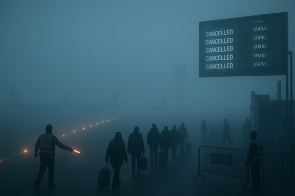 Foggy airport tarmac as planes fade in haze; travelers walk past a CANCELLED sign.
