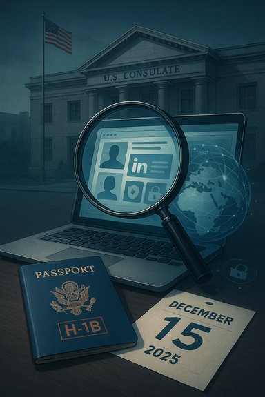 Magnifying glass over a laptop displaying LinkedIn profiles beside a US consulate, a passport, and a 2025 calendar.