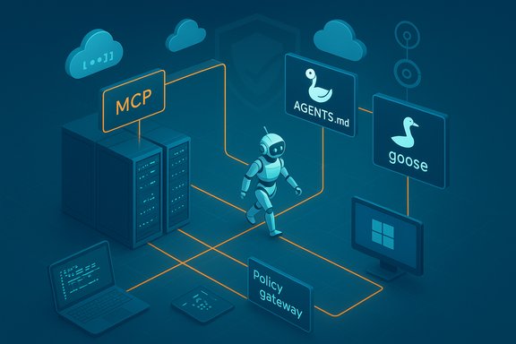 Robot navigates a stylized network of servers and clouds labeled MCP, AGENTS.md, goose, and policy gateway.