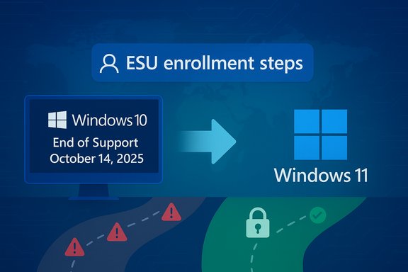 Graphic showing Windows 10 end of support (Oct 14, 2025) moving to Windows 11 via ESU enrollment steps.