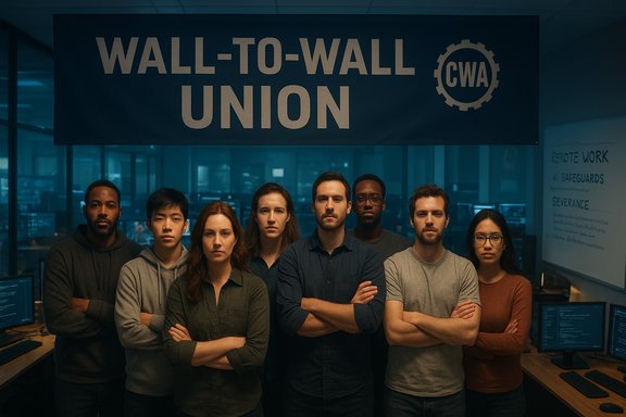 A diverse group of workers stands with arms crossed under a Wall-to-Wall Union banner.