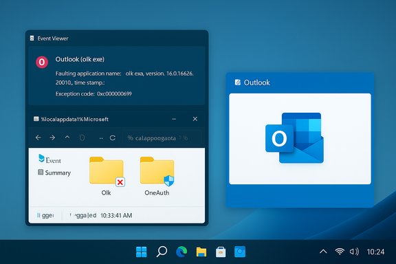 Overlapping Windows: Event Viewer shows Outlook error on the left, Outlook app on the right.