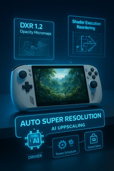 A handheld gaming console sits amid blue holographic panels promoting DXR 1.2, shader reordering, and AI upscaling.