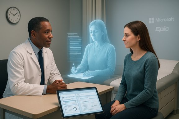 A doctor consults a patient in a clinic while a blue holographic assistant projects notes.