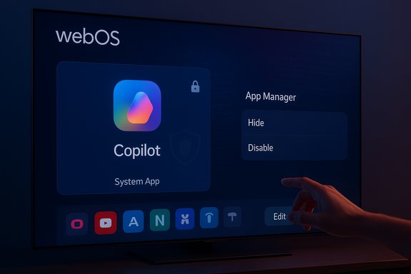 webOS UI on a TV showing Copilot system app and App Manager, with a hand reaching for Edit.