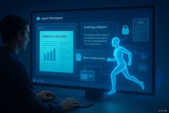 A person works at a desk with a blue holographic monitor showing an annual report and drafting tools.