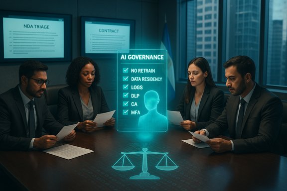 Team of professionals discusses AI governance around a holographic display.