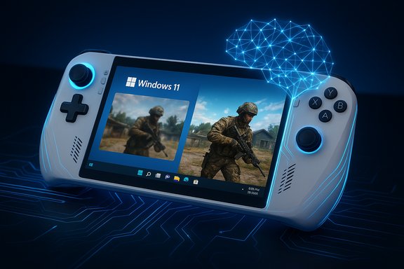 A handheld Windows 11 gaming device with a glowing neural-network hologram above it.
