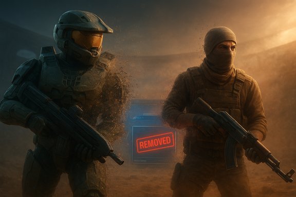 Two heavily armed soldiers stand in a dusty, orange-lit battleground with a glowing 'REMOVED' sign behind them.