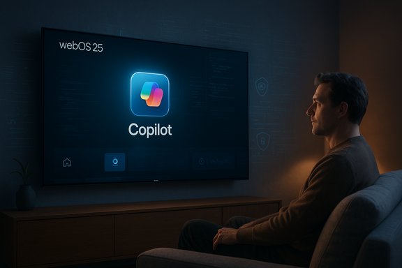 A man sits on a sofa, watching a large screen displaying webOS 25 Copilot app.
