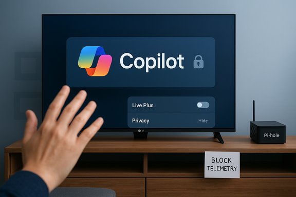 Hand reaches a TV screen showing Copilot privacy controls, beside a “Block Telemetry” note.