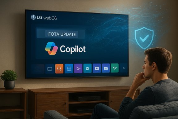 A man watches an LG webOS screen displaying Copilot and a FOTA UPDATE banner. A man watches an LG webOS screen displaying Copilot and a FOTA UPDATE banner.