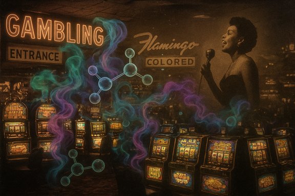 Vintage casino scene with a neon GAMBLING sign, slot machines, a singer with mic, and colorful smoky swirls.