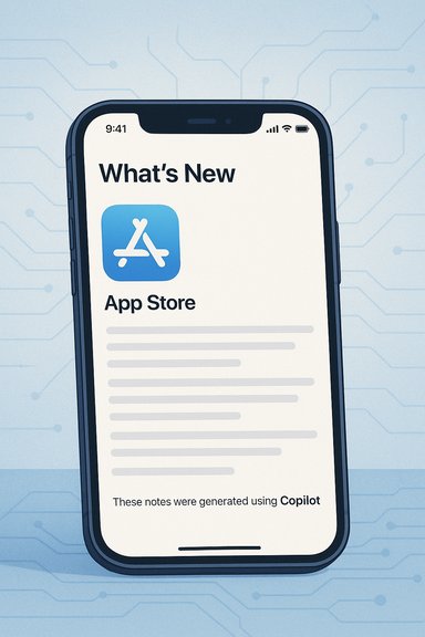iPhone screen showing What's New for the App Store with Copilot-generated notes.