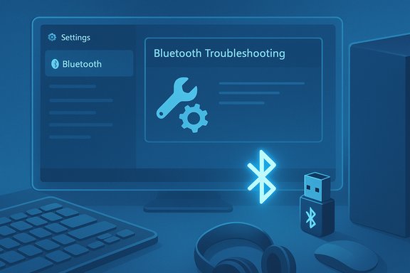 Computer monitor displays Bluetooth Troubleshooting in Settings, with a glowing Bluetooth icon.